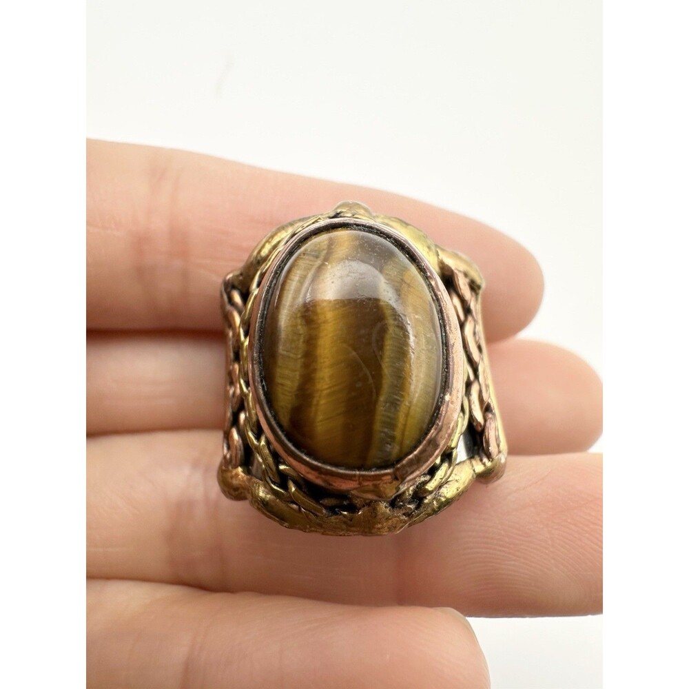 Mixed Metal Tiger’s Eye Open Band Ring Size 8